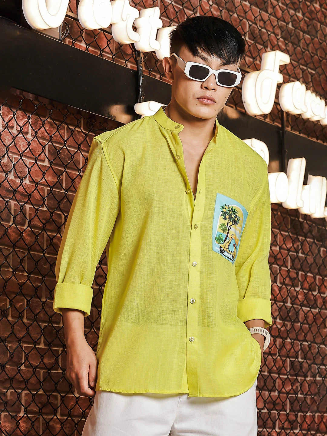 House Of Koala Linen Blend Lime Green Mandarin Collar Relaxed Fit Shirt