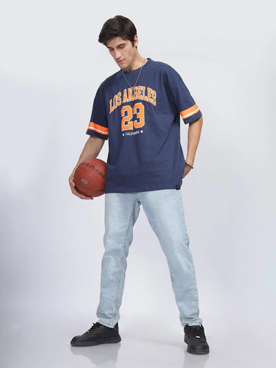 Silisoul Navy Blue Oversized Fit Typography Print T-Shirt
