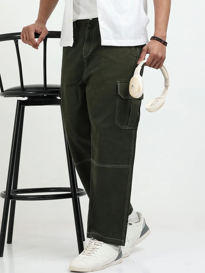 Silisoul Olive Baggy Fit Cotton Mid-Rise Zip Knitted Trousers