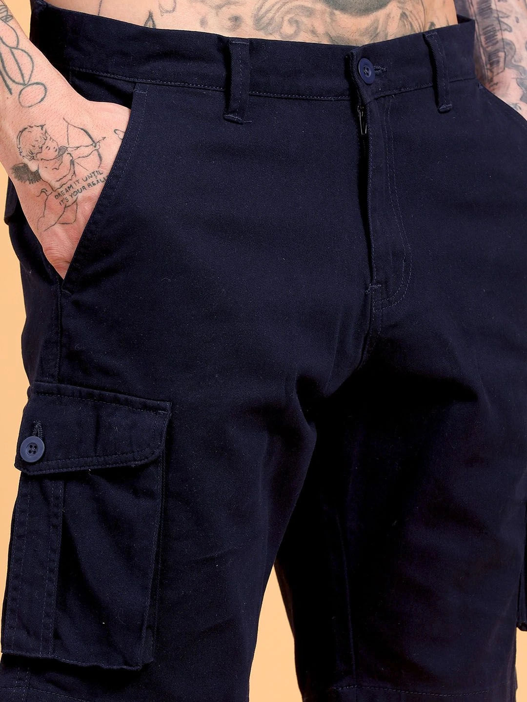 Silisoul Navy Blue Regular Fit Cotton Mid-Rise Button Shorts