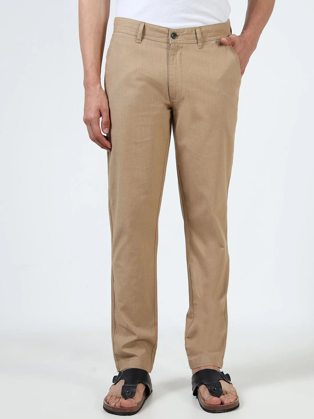 Silisoul Khaki Regular Fit Linen Mid-Rise Button Trousers