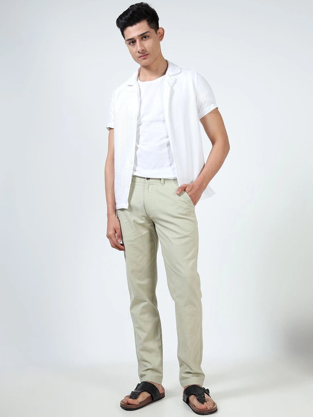 Silisoul White Regular Fit Linen Mid-Rise Button Trousers