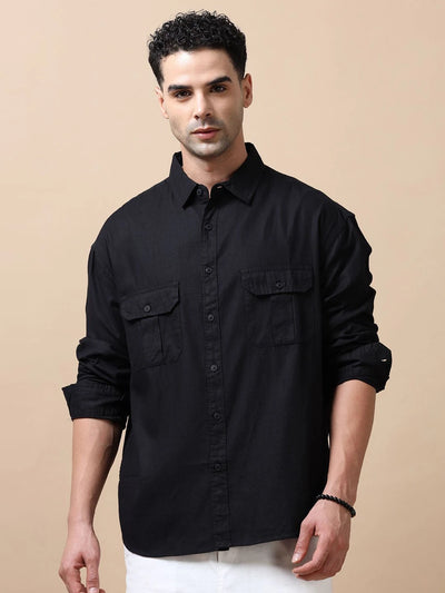 Silisoul Black Relaxed Fit Cotton Long Sleeves Spread Collar Shirt
