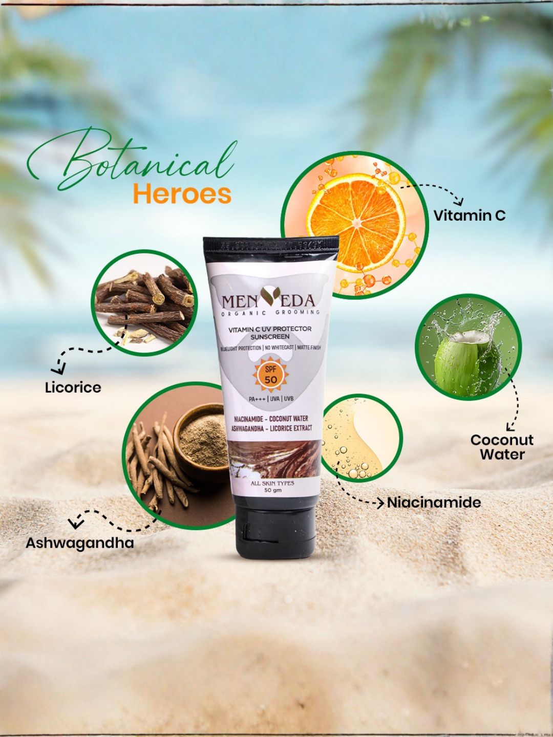 Menveda Sunscreen SPF50 PA+++ for Men | Matte Finish, No White Cast (50 g)