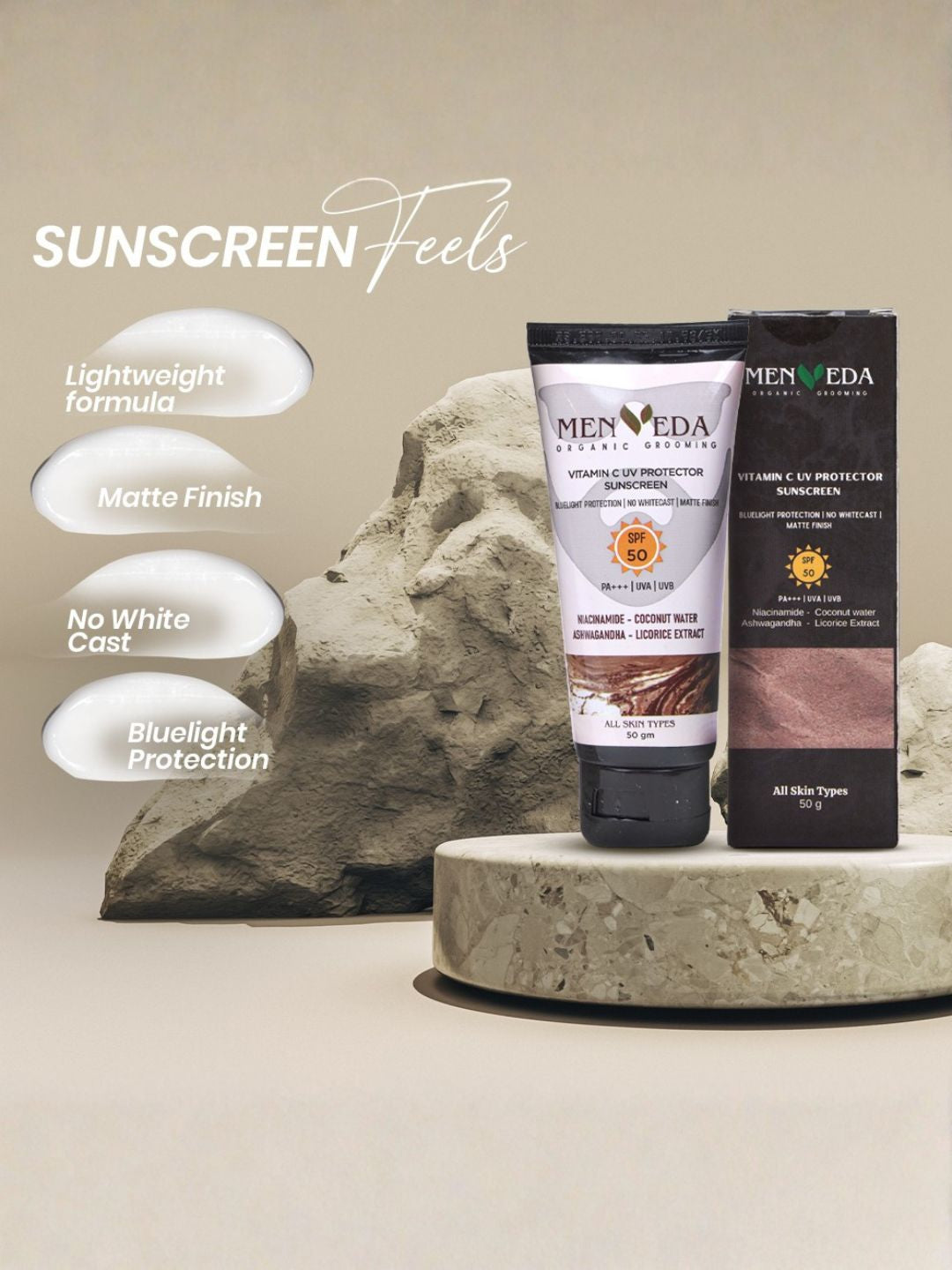 Menveda Sunscreen SPF50 PA+++ for Men | Matte Finish, No White Cast (50 g)