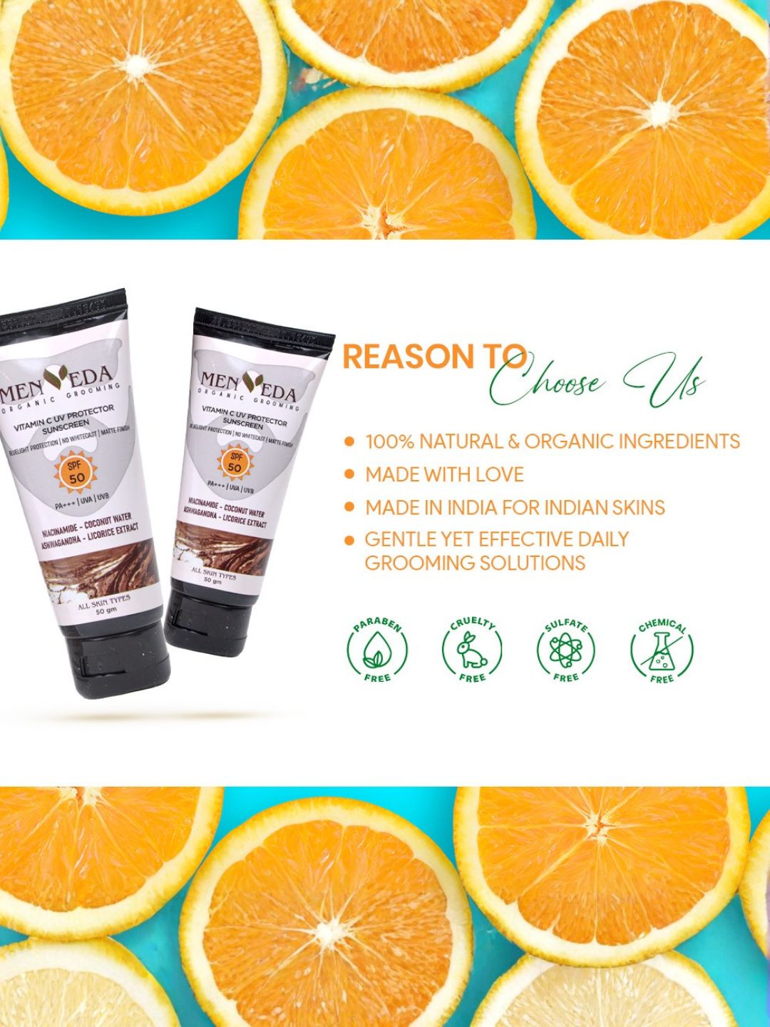 Menveda Sunscreen SPF50 PA+++ for Men | Matte Finish, No White Cast (50 g)