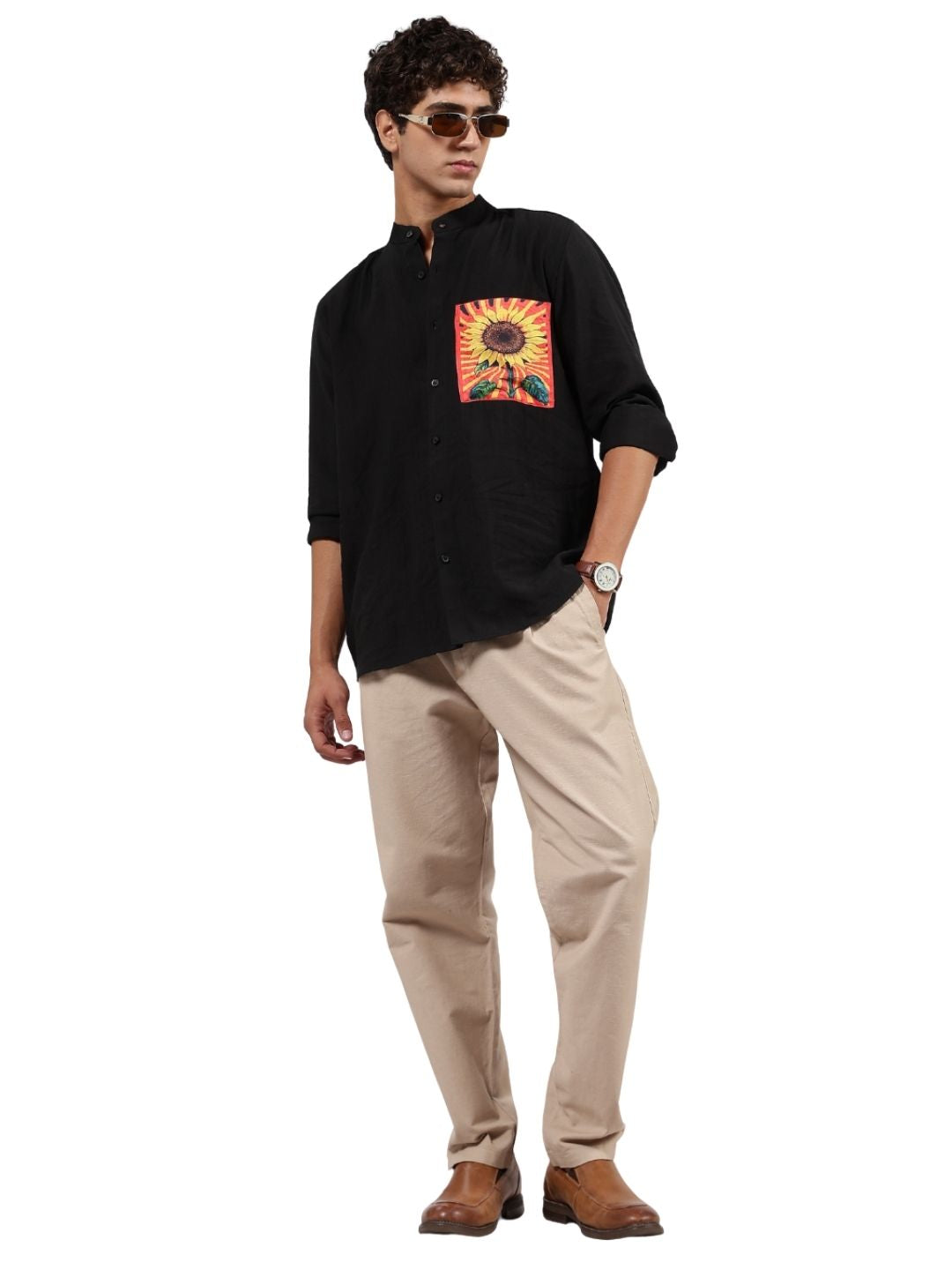 House Of Koala Black Mandarin Collar Premium Relaxed Fit Viscose Resort Shirt