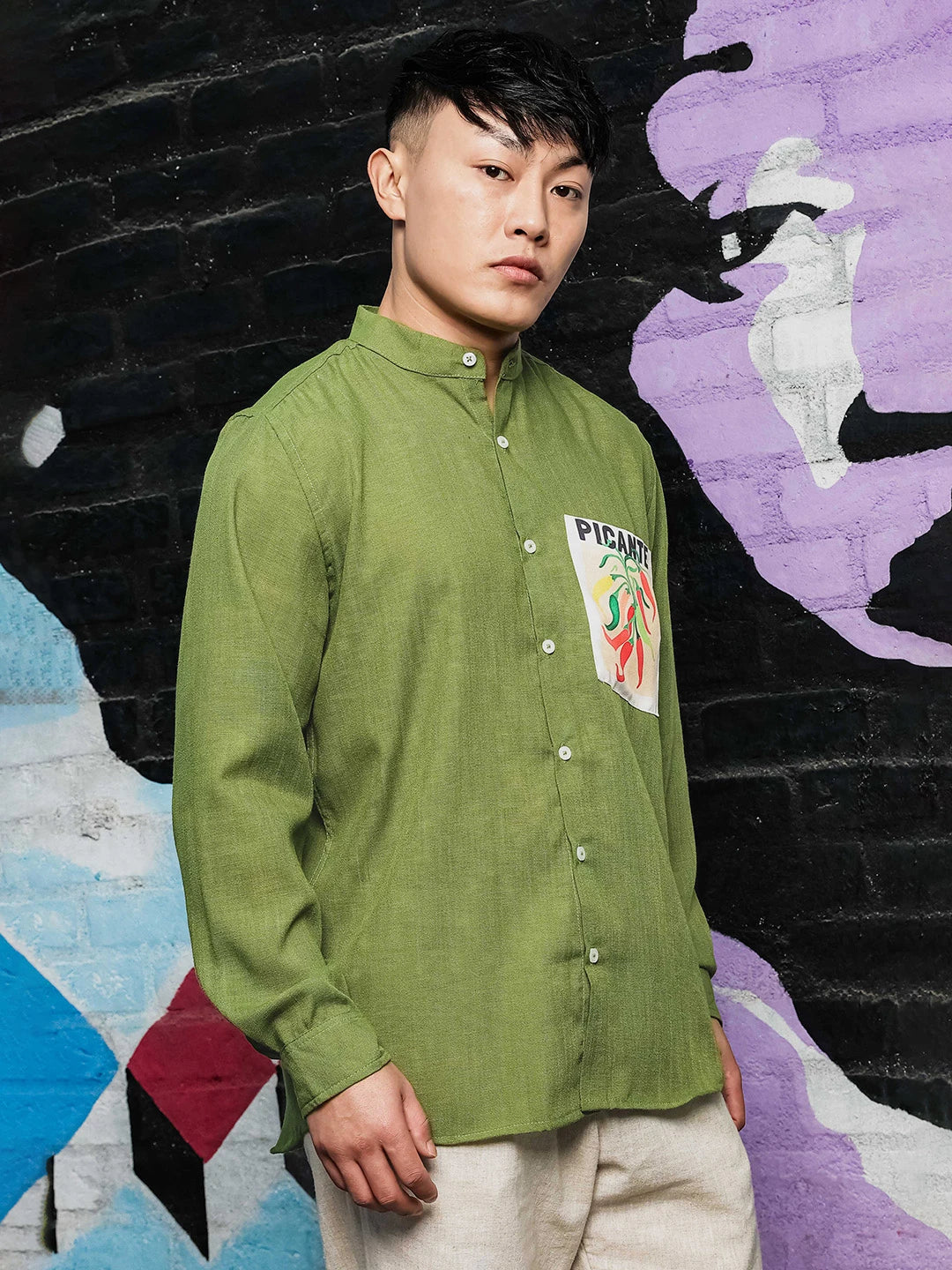 House Of Koala Olive Matcha Linen-Blend Mandarin Collar Relaxed Fit Shirt