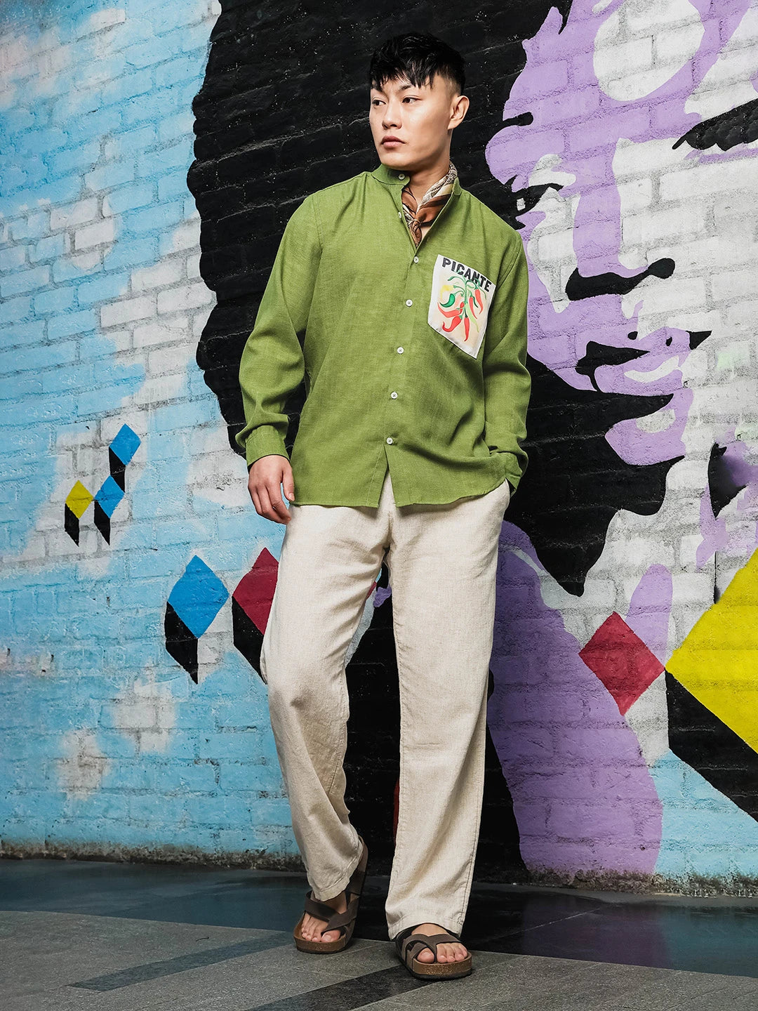 House Of Koala Olive Matcha Linen-Blend Mandarin Collar Relaxed Fit Shirt