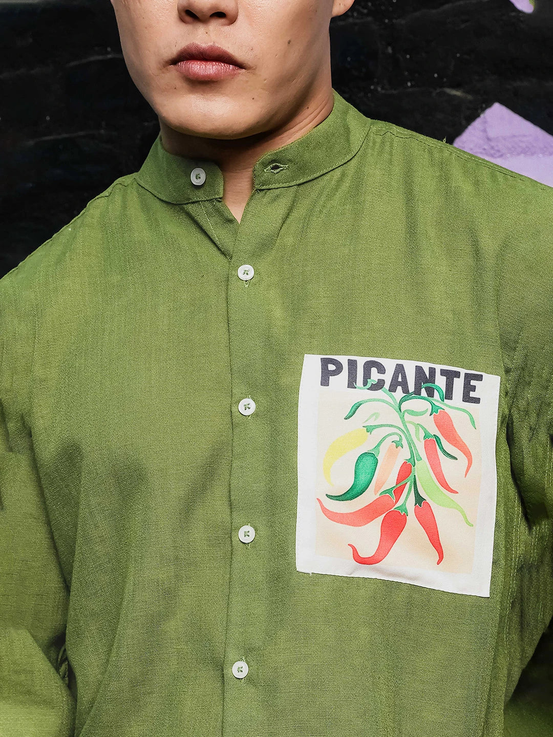 House Of Koala Olive Matcha Linen-Blend Mandarin Collar Relaxed Fit Shirt