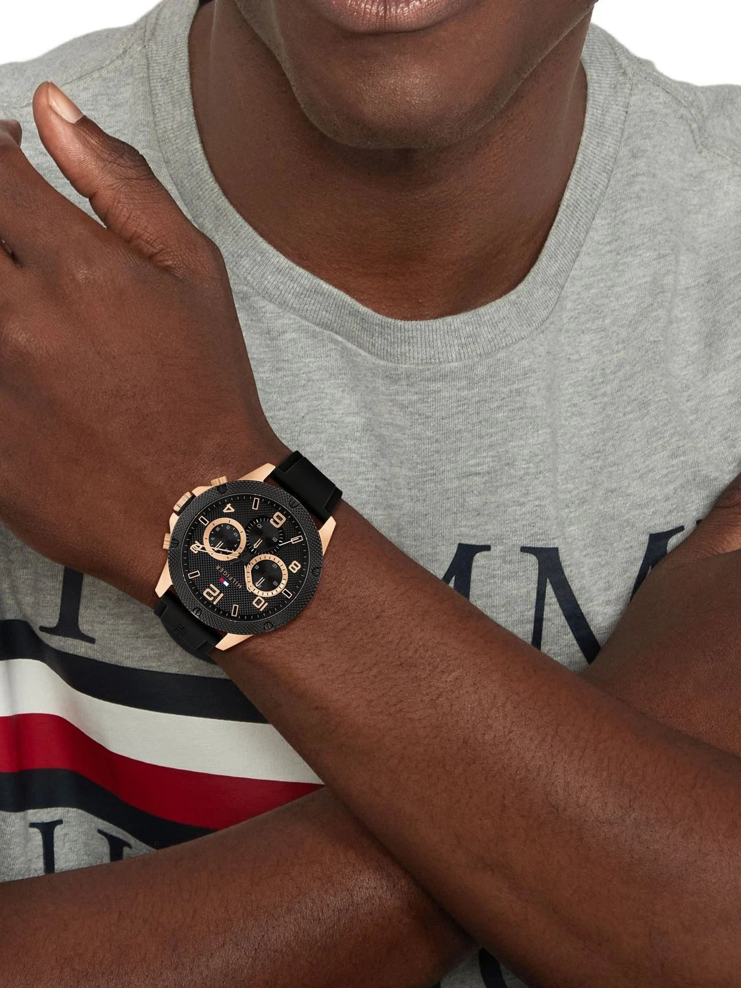 Tommy Hilfiger Round Black Dial Analog Watch With Multifunction Display & Silicone Strap - NETH1792028