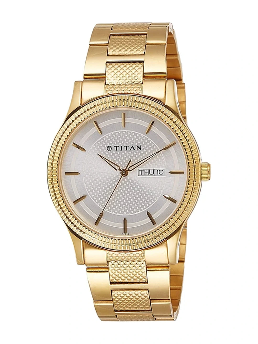 Titan Round Silver Dial Analog Watch With Day & Date Display & Golden Metal Strap - NL1650YM05