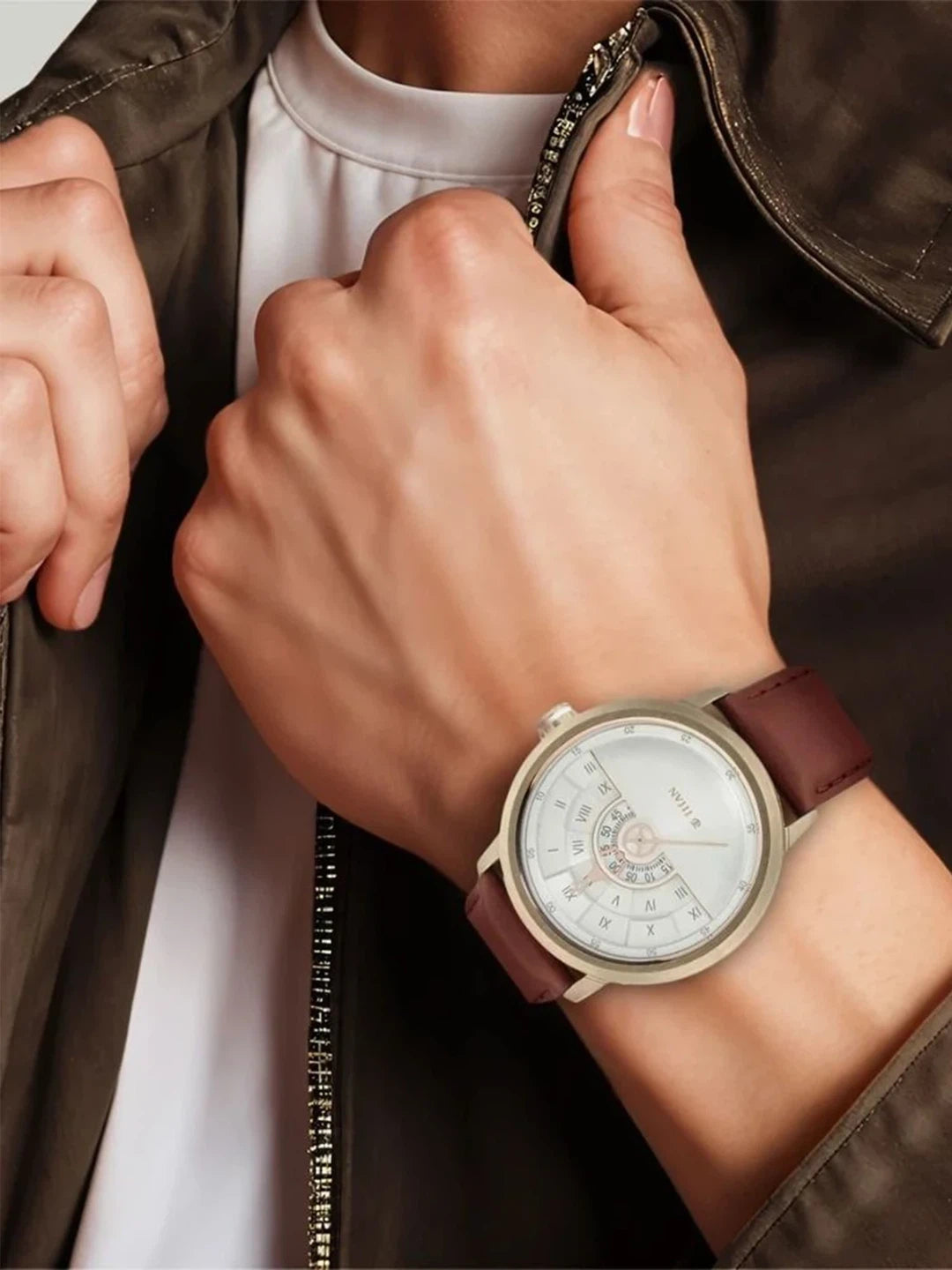 Titan Round White Dial Analog Watch With Brown Leather Strap - NQ1828QL02