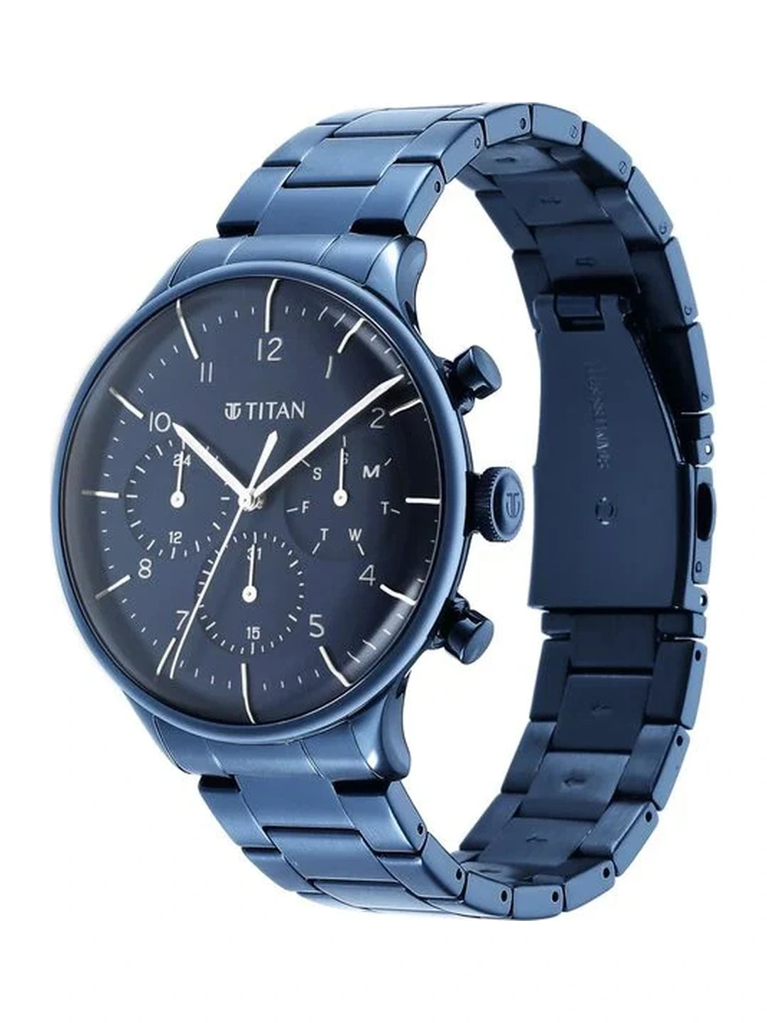 Titan Round Blue Dial Multifunction Watch With Blue Metal Strap - NS90102QM01