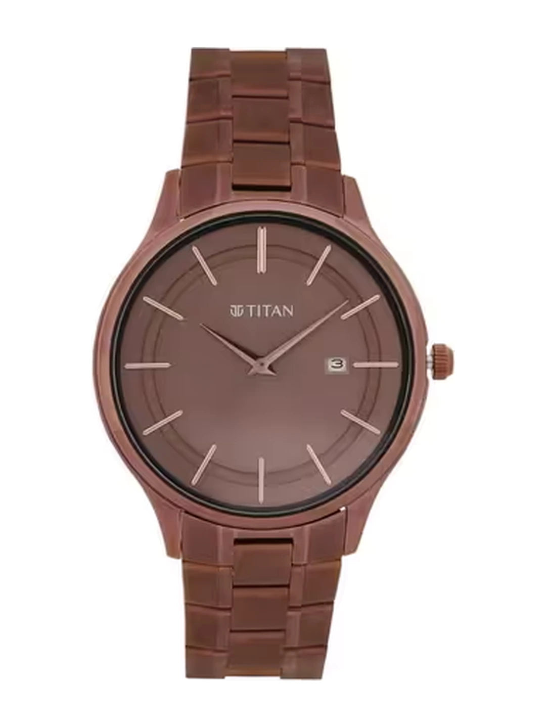 Titan Round Brown Dial Analog Watch With Day & Date Display & Metal Strap - NT90142QM05