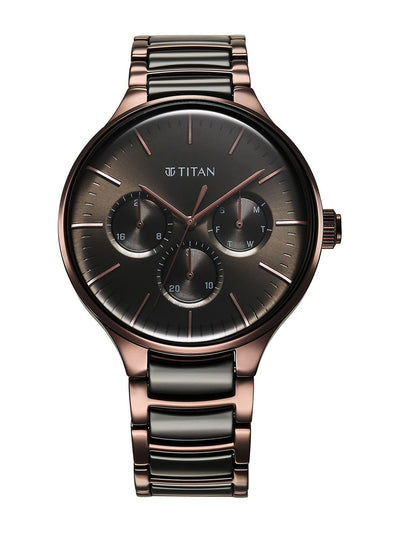 Titan Round Grey Dial Analog Watch With Multifunction Display & Metal Strap - NT90148KD05