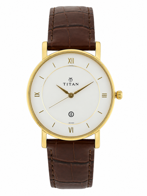 Titan Round White Dial Analog Watch With Date Display & Leather Strap - NU9162YL01-MS