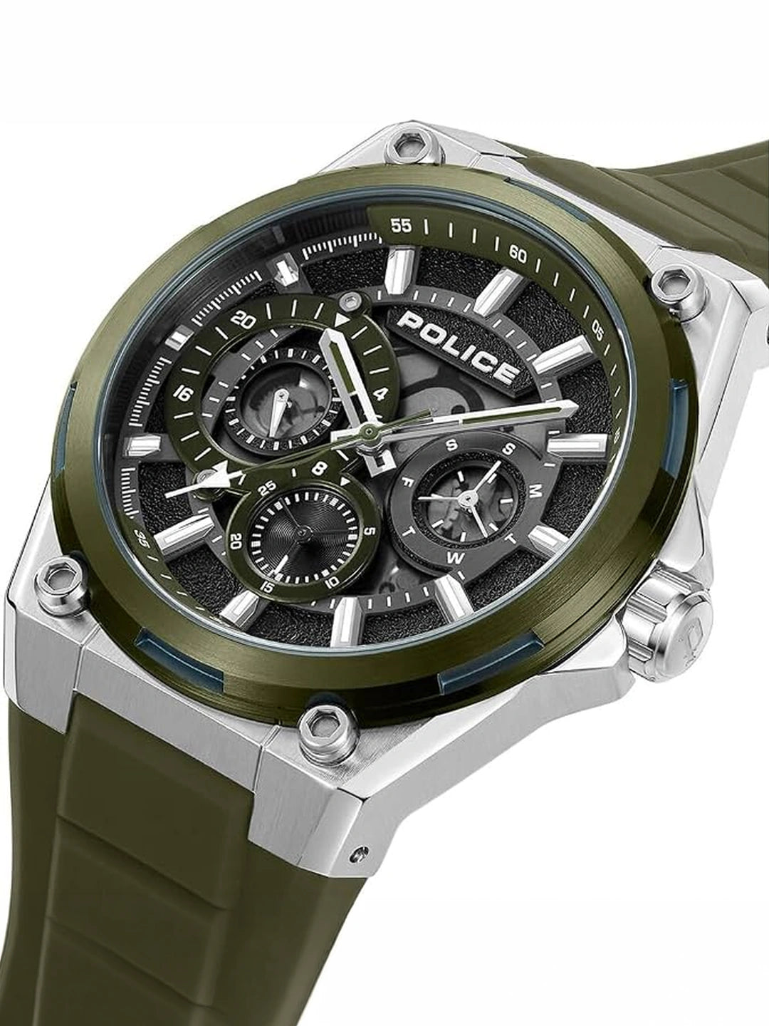 Police Round Grey Dial Multifunction Watch With Green Silicone Strap - PLPEWJQ2203242