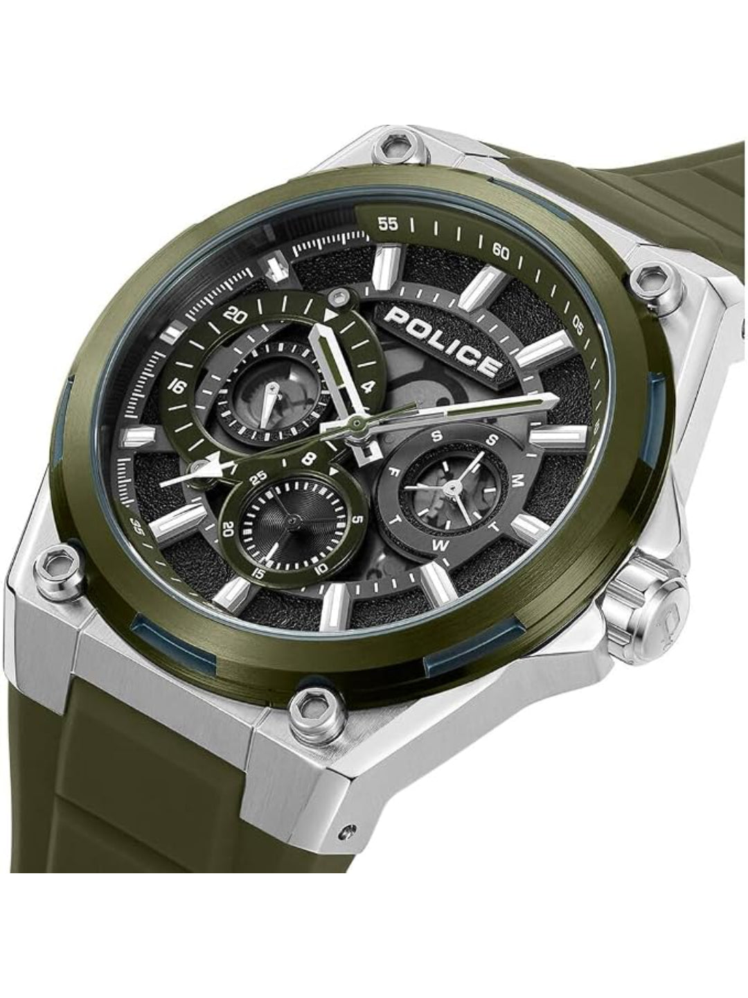 Police Round Grey Dial Multifunction Watch With Green Silicone Strap - PLPEWJQ2203242