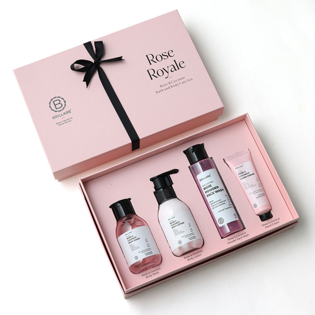 Brillare Rose Royale Gift Set (Pack of 4) - Body Wash (100ml), Body Lotion (100ml), Powder Face Wash (100g), Hand Cream (30g)