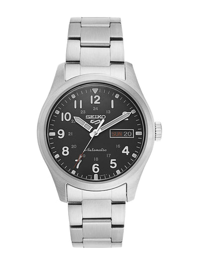 Seiko Black Dial & Silver Toned Stainless Steel Bracelet Style Strap Analogue Watch - SRPG27K1