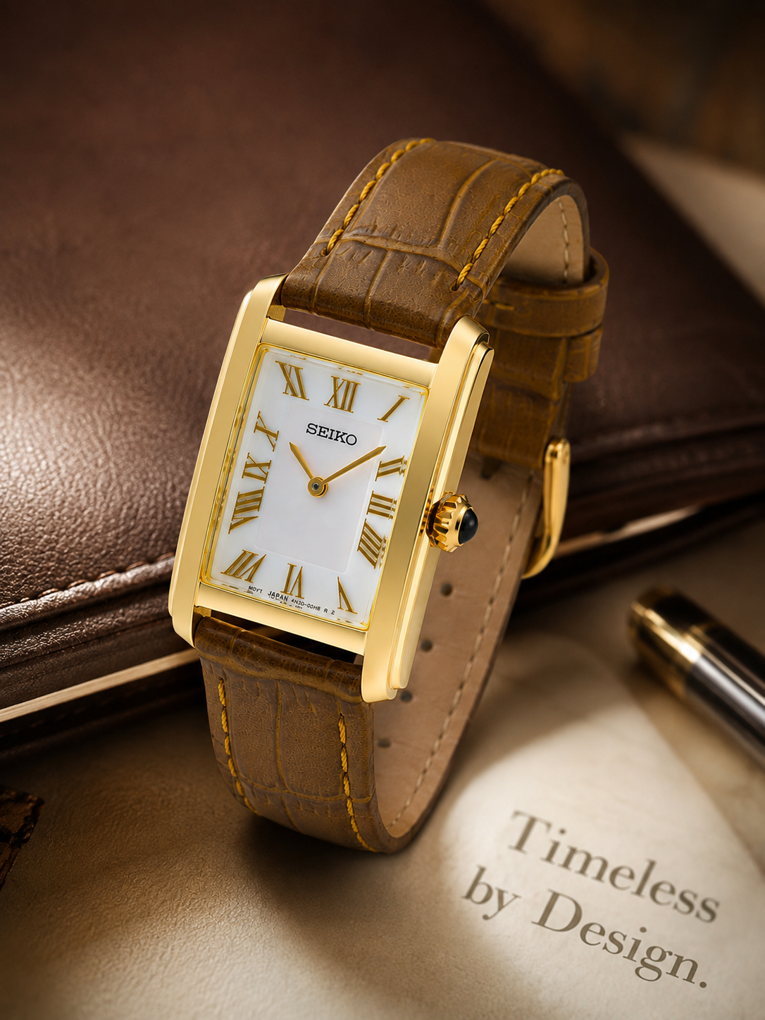 Seiko Rectangle White Dial Analog Watch With Leather Strap - SWR100P1