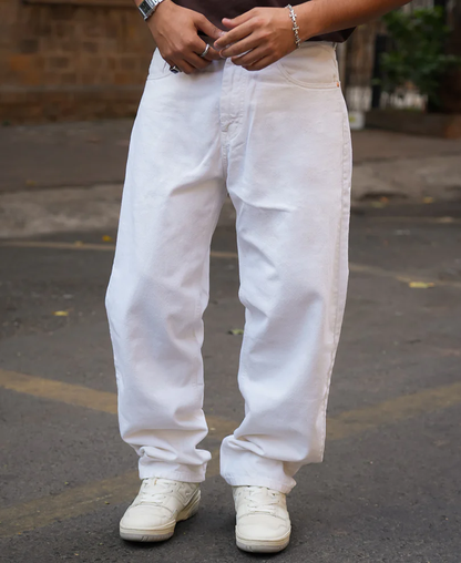 Powerlook White Solid Denim Baggy Fit Jeans