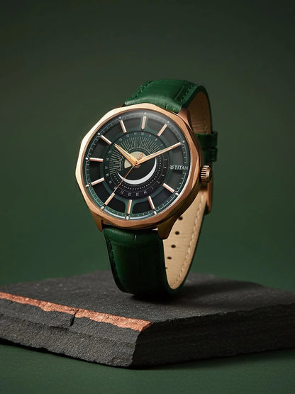 Titan Stellar Green Round Dial Quartz Watch - 10028QL01