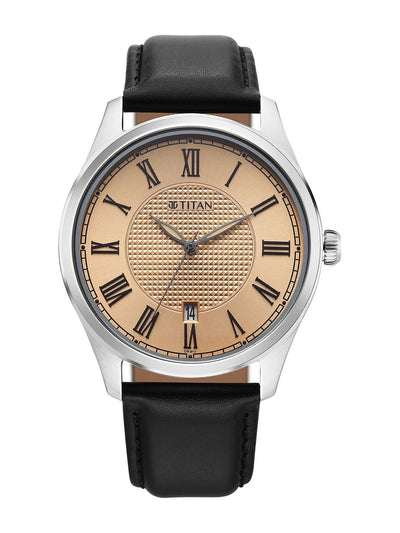 Titan Dial & Leather Strap Analogue Date Aperture Watch -  10063SL01