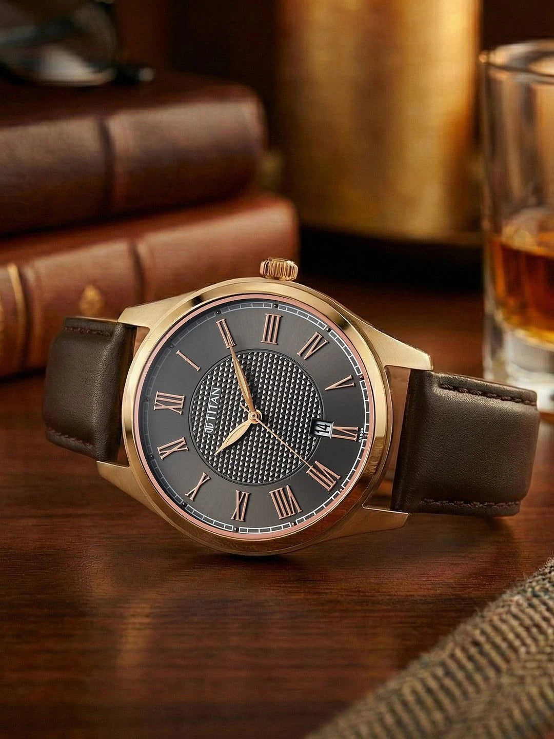 Titan Dial & Leather Straps Analogue Date Aperture Watch - 10063WL01
