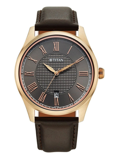 Titan Dial & Leather Straps Analogue Date Aperture Watch - 10063WL01