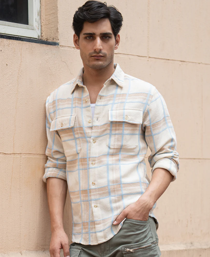 Powerlook Beige Double Pocket Checkered Shirt