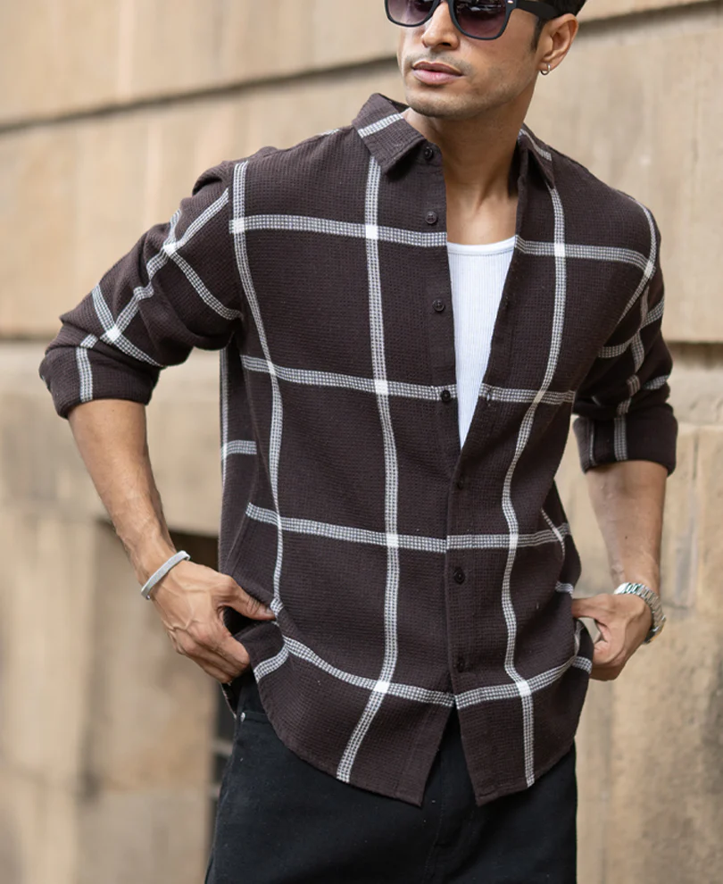 Powerlook Brown Structured Checks Shirt