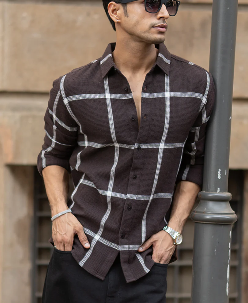 Powerlook Brown Structured Checks Shirt