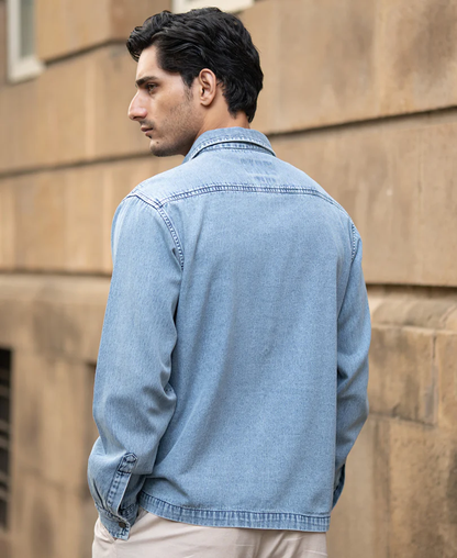 Powerlook Blue Double Pocket Denim Cotton Shirt
