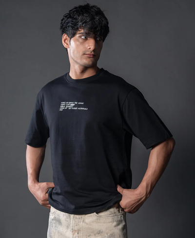 Powerlook Black Crochet Patch Embroidered Cotton T-Shirt
