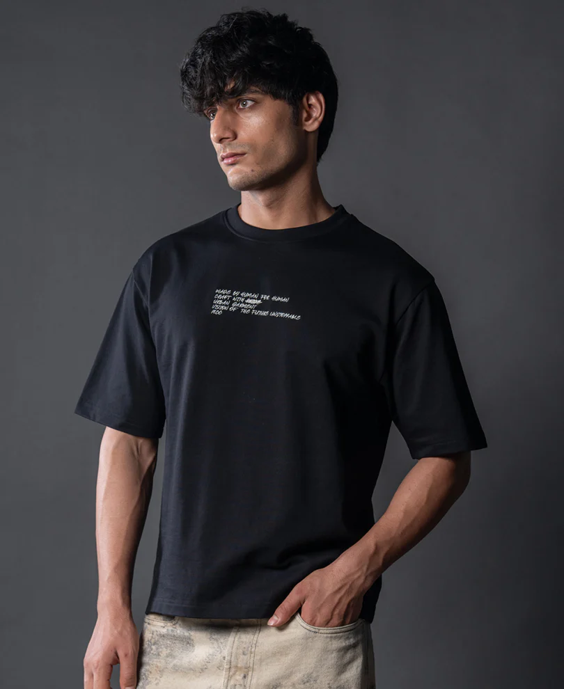 Powerlook Black Crochet Patch Embroidered Cotton T-Shirt