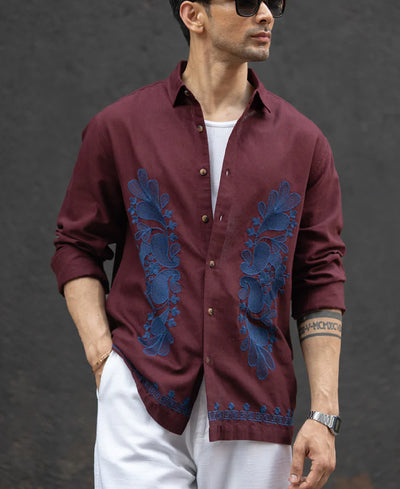 Powerlook Wine Embroidered Linen Blend Shirt
