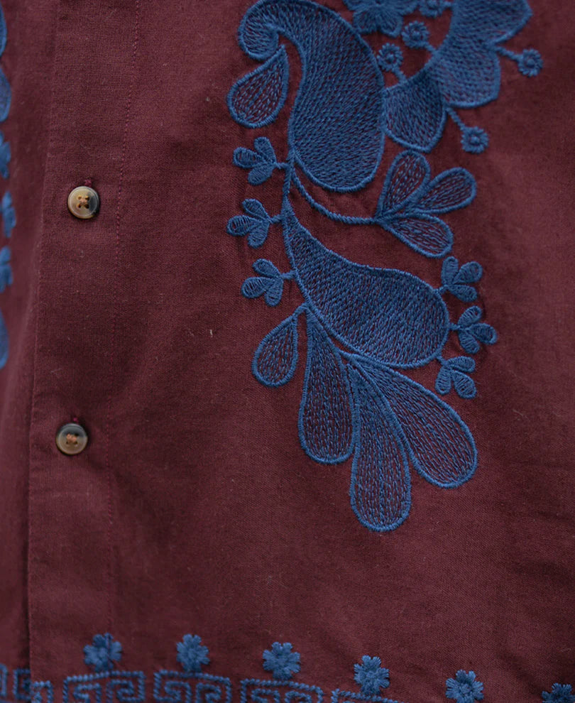 Powerlook Wine Embroidered Linen Blend Shirt