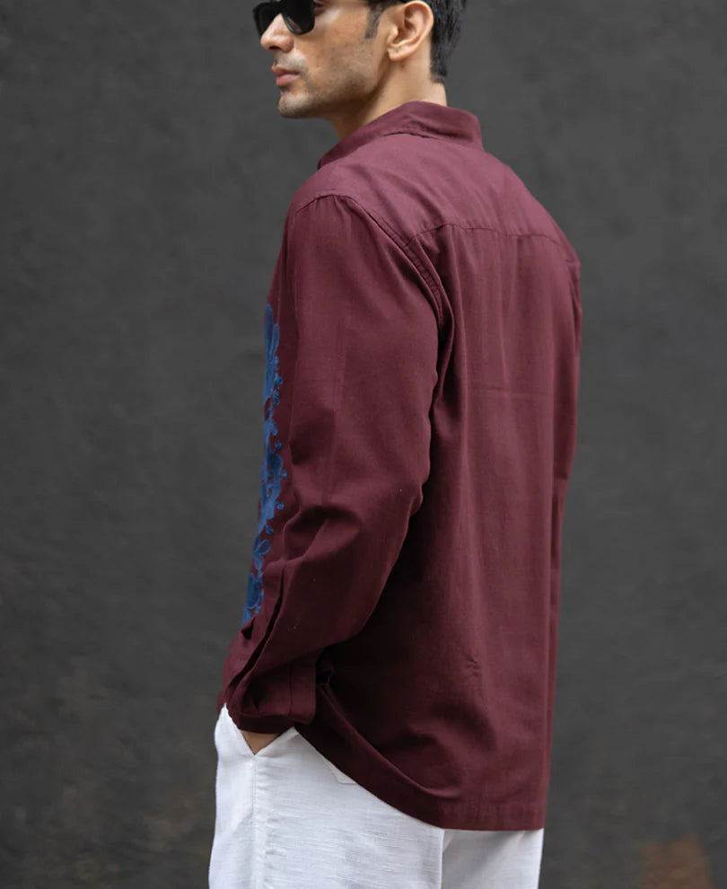 Powerlook Wine Embroidered Linen Blend Shirt