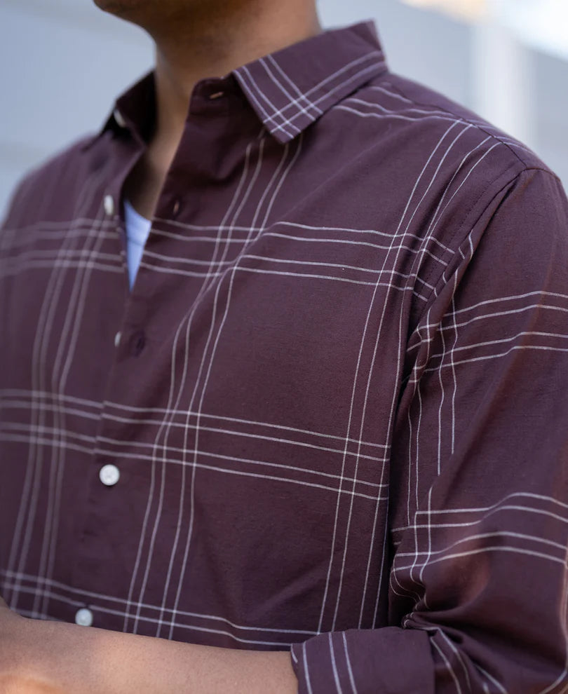 Powerlook Brown Checkered Linen Blend Cotton Shirt