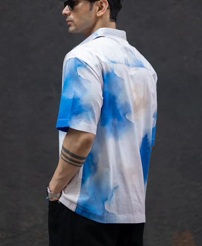 Powerlook Blue Tie-Dye Print Cotton Shirt