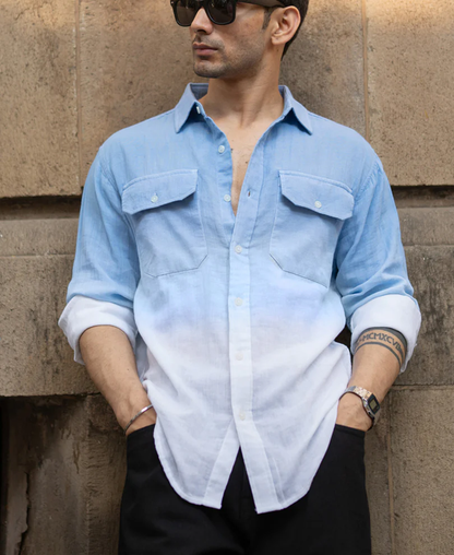 Powerlook Blue Ombre Double Pocket Cotton Shirt