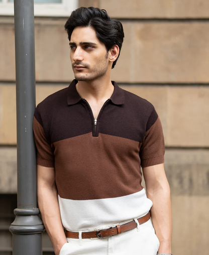 Powerlook Brown & Beige Striped Knit Cotton T-Shirt