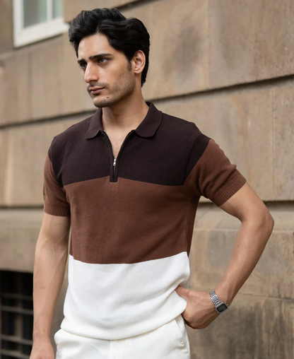 Powerlook Brown & Beige Striped Knit Cotton T-Shirt
