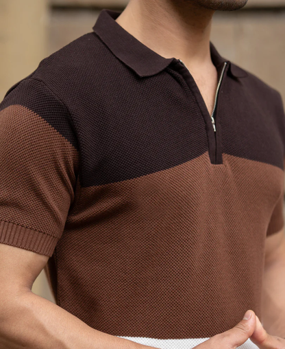 Powerlook Brown & Beige Striped Knit Cotton T-Shirt