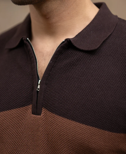 Powerlook Brown & Beige Striped Knit Cotton T-Shirt