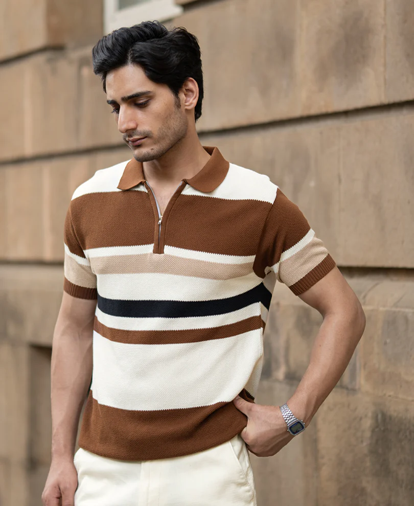 Powerlook Multicolor Striped Knit Cotton T-Shirt