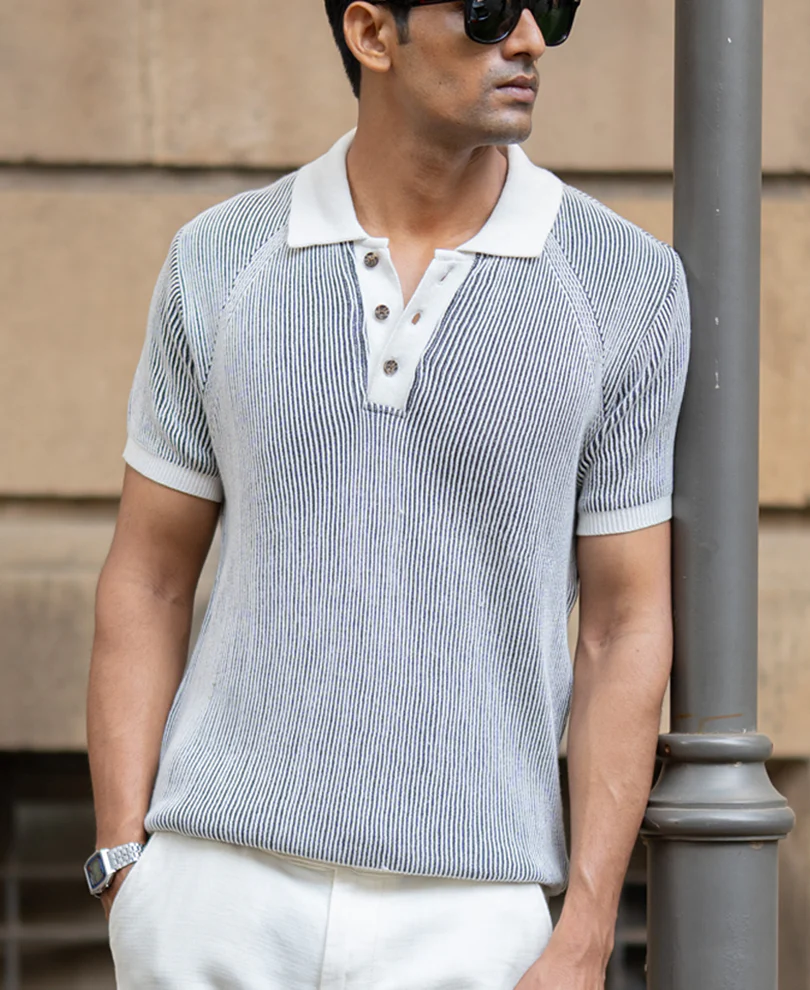 Powerlook Black & White Striped Knit Cotton T-Shirt
