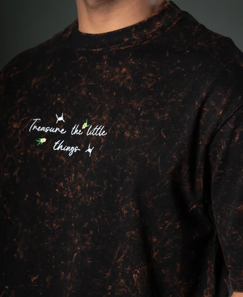Powerlook Dark Brown Floral Embroidery Cotton T-Shirt